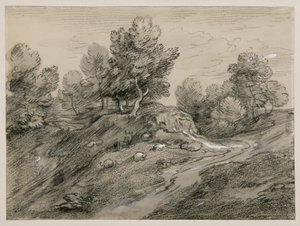 Zalesněná vrchovinná krajina s pastýřem, ovcemi a polní cestou vinoucí se kolem návrší od Thomas Gainsborough