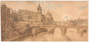 Výběr dvaceti nejmalebnějších pohledů v Paříži: Pohled na Pont au Change, Městské divadlo, Pont Neuf, věznice Conciergerie a pořízený z Pont Notre Dame od Thomas Girtin