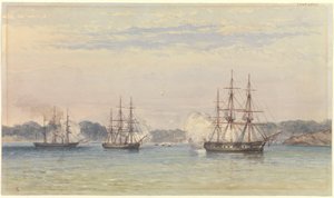 Čínská válka 1857, tři lodě HM bombardují a lodní čluny na pobřeží od Thomas Goldsworth Dutton