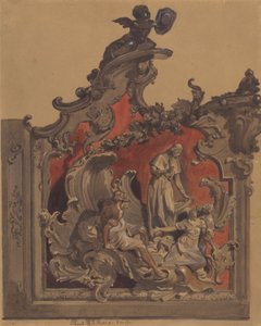 Škola San Rocco, Benátky: Studie pro zakřivené dekorace (pero a inkoust, wc a barva těla přes tužku na papíře)