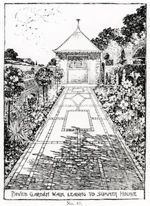 Dlážděná zahradní cesta vedoucí k letnímu domu, z knihy Thomase Mawsona "The Art and Craft of Garden Making", vydané v roce 1900.