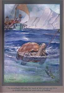 Vstoupil proto do stopy kurrektu a táhl nás přímo k místu našeho obvyklého přistání (barevná litografie). od Thomas Heath Robinson