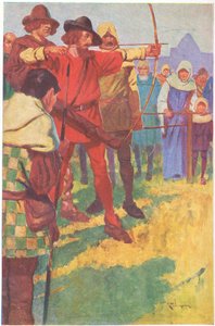 Na krátký okamžik napnul luk a pak uvolnil tětivu (barevná litografie). od Thomas Heath Robinson