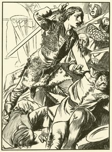 Hereward a jeho muži útočí na Normany (rytina) od Thomas Heath Robinson