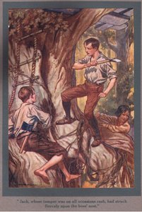 Jack, který byl při každé příležitosti zbrklý, zuřivě udeřil na včelí hnízdo (barevná litografie). od Thomas Heath Robinson