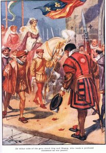 Po obou stranách brány Gog a Magog, kteří se jí při průchodu hluboce poklonili (barevná litografie). od Thomas Heath Robinson