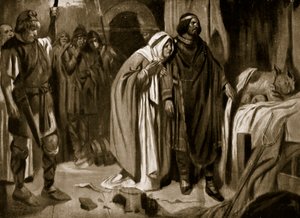 Královna Ethelburga přesvědčuje Inu z Wessexu, aby se vzdala koruny, 728, ilustrace z "Hutchinson