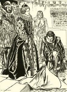 Raleigh rozprostírá svůj plášť před Alžbětou (rytina) od Thomas Heath Robinson