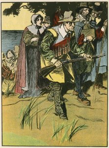 Otcové poutníci vstupují do Nového světa (barevná litografie) od Thomas Heath Robinson