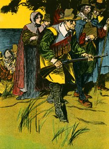 Otcové poutníci vstupují do Nového světa (barevná litografie) od Thomas Heath Robinson