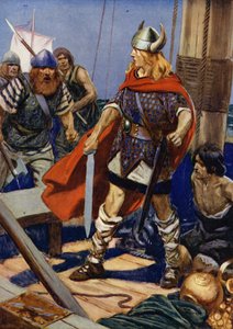 Veslice klapla vedle a z ní se vynořil vlk Guldred s Ulgarem a dalším, který ho podpíral: scéna z filmu Bouře na Rovan Hold (barevná litografie). od Thomas Heath Robinson