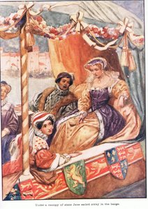 Jane odplouvá na bárce pod baldachýnem (barevná litografie) od Thomas Heath Robinson