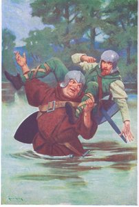 Jedním tahem svých velkých rukou poslal psance do potoka (barevná litografie). od Thomas Heath Robinson