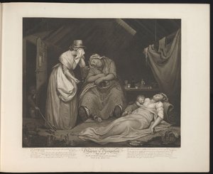Pokorná služebná navštíví umírající neslušnou služebnou Talíř 9. The Wanton dying in Poverty & Disease / Visited by the Modest Girl (název na předmětu) Ctnost a zhýralost (název série) Pečlivost a disipace (název série na objektu)