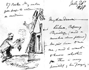 Dopis Thomase Henryho Huxleyho Charlesi Darwinovi s náčrtem Darwina jako biskupa nebo světce, 20. července 1868 od Thomas Henry Huxley