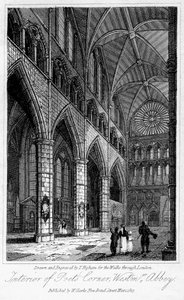Interiér Poets Corner, Westminster Abbey, Londýn, 1817.
