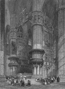 Interiér milánské katedrály, pohled k hlavnímu oltáři, 1844.
