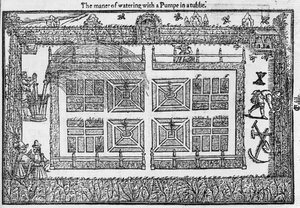 Způsob zalévání čerpadlem v trubici, ze Zahradníkova labyrintu, 1577 od Thomas Hill