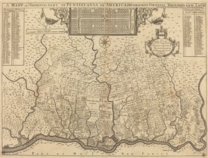 Mapa vaší vylepšené části Pensylvánie v Americe, rozdělené do okresů, obcí a lottů od Thomas Holme
