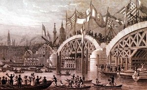 New London Bridge s průvodem primátora procházejícího pod Unfinish