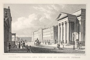 Belgrave Chapel a West Side of Belgrave Square, z hospody „Londýn a jeho okolí v devatenáctém století“. Jones und Co., 1827-1829 od Thomas Hosmer Shepherd