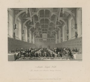 Lavice a poslanci "zabírající společné prostory" v Middle Temple Hall od Thomas Hosmer Shepherd