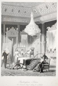 Buckinghamský palác - Královská princezna sedící u portrétu, od London Interiors s jejich kostýmy a obřadní hospodou. Joseph Mead, Londýn, ocelorytina c.1843 od Thomas Hosmer Shepherd