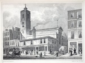 Kostel St Dionis, Backchurch, z hospody „Londýn a jeho okolí v devatenáctém století“. Jones und Co., 1827-1829 od Thomas Hosmer Shepherd