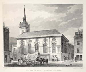 Kostel svatého Michaela, Queenhithe, z hospody „Londýn a jeho okolí v devatenáctém století“. Jones und Co., 1827-1829 od Thomas Hosmer Shepherd