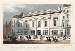 Crockfords Club House, St. James Street. Hospoda. 1828 (ručně kolorovaná rytina) od Thomas Hosmer Shepherd