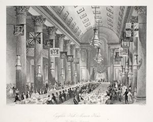 Egyptian Hall, Mansion House, z publikace "London Interiors with their Costumes and Ceremonies" pub. Joseph Mead, Londýn, asi 1843 (ocelorytina) od Thomas Hosmer Shepherd