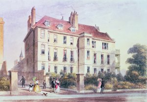 Vstup na Queen Square z parku, s výhledem na dům Jeremyho Benthama od Thomas Hosmer Shepherd