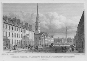 George Street, kostel svatého Ondřeje a památník lorda Melvilla, Edinburgh (rytina) od Thomas Hosmer Shepherd