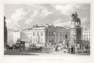 Vylepšení, Charing Cross, z hospody „Londýn a jeho okolí v devatenáctém století“. Jones und Co., 1827-1829 od Thomas Hosmer Shepherd