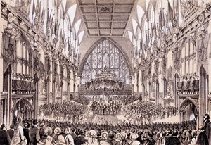 Interiér cechovní haly - Lord Mayor and Corporation předkládají svou adresu císaři a císařovně Francouzů, 19. dubna 1855 od Thomas Hosmer Shepherd