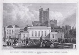 Literární instituce a katedrála, z North Parade, Bath (rytina) od Thomas Hosmer Shepherd