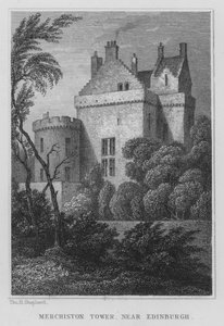 Merchiston Tower, poblíž Edinburghu (rytina) od Thomas Hosmer Shepherd
