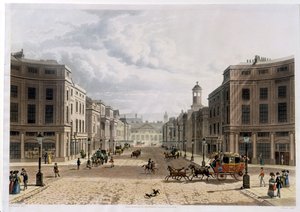 Regent Street, z Piccadilly, ryl J. Bluck (fl.1791-1831), pub. 1822 Ackermannovým 
