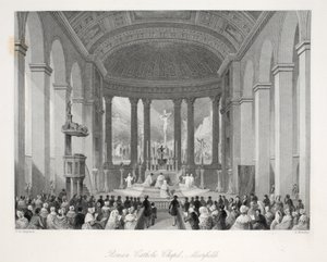 Římskokatolická kaple, Moorfields, z publikace "London Interiors with their Costumes and Ceremonies" pub. Joseph Mead, Londýn, asi 1843 (ocelorytina) od Thomas Hosmer Shepherd