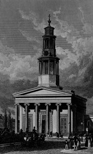Kostel St. Pancras, západní fronta, vyryl James Tingle 1827 od Thomas Hosmer Shepherd