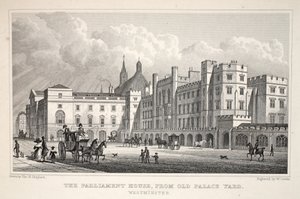 Budova parlamentu z Old Palace Yard, Westminster, z hospody „Londýn a jeho okolí v devatenáctém století“. Jones und Co., 1827-1829 od Thomas Hosmer Shepherd
