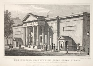 Russell Institution, Great Coram Street, z hospody „Londýn a jeho okolí v devatenáctém století“. Jones und Co., 1827-1829 od Thomas Hosmer Shepherd