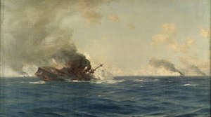 Potopení lodi Scharnhorst v bitvě o Falklandy, 8. prosince 1914, asi 1915 (olej na plátně)