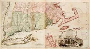 Mapa nejobydlenější části Nové Anglie s provinciemi Massachusetts Bay a New Hampshire a koloniemi Connecticut a Rhode Island.