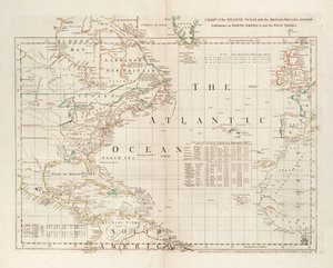 Mapa Atlantského oceánu s britskými, francouzskými a španělskými osadami v Severní Americe a Západní Indii