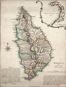 Barevná mapa Dominiky s podrobnými zeměpisnými poznámkami, cca 1760 (ručně kolorovaná rytina) od Thomas Jefferys