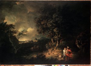 ""Bouřková krajina s Aeneem a Dido"" (Krajina s Aeneem a Dido) Ilustrace z Vergiliovy Aeneidy. Obraz Thomase Jonese (1742-1803) 1769 Rozměr 137,5 x 193,5 cm Muzeum Ermitáž, Petrohrad od Thomas Jones