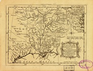 Louisiana, na kterou si dříve činila nárok Francie a která nyní zahrnuje část Britské Ameriky na východě a Španělské Ameriky na západě od Mississippi. LOC 77690498
