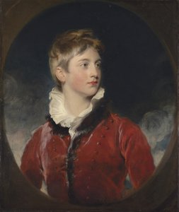 Portrét Fredericka Williama Stewarta, 4. markýze z Londonderry, K.P., M.P. (1805-1872), kdy chlapec, polodlouhý, v červeném kabátě, v předstíraném oválu (olej na plátně) od Thomas Lawrence