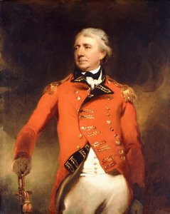 Portrét generála Jamese Stuarta stojícího tříčtvrteční délky v červené uniformě se zlatými žabkami, od Thomas Lawrence